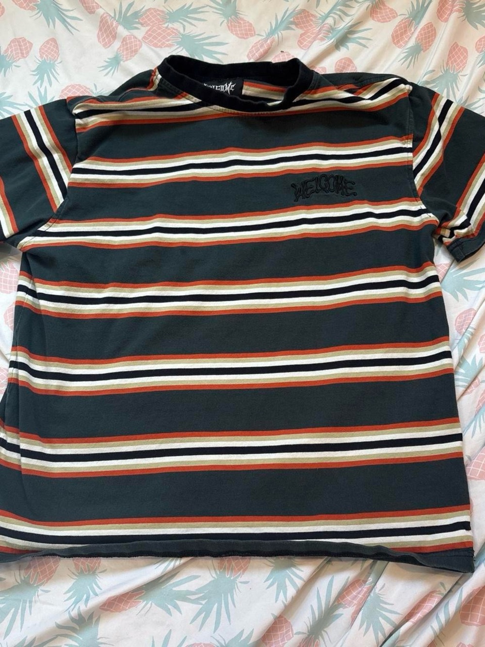 Short-Sleeve Striped Tee in Dark Green, Rust & Cream